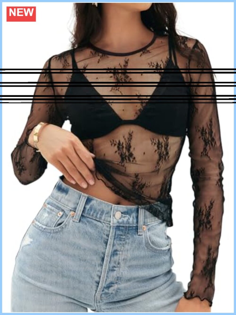 Lace Mesh Sheer Long Sleeve Crew Neck Ruffle Hem Blouse Top
